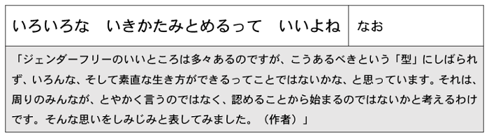 いろいろな　いきかたみとめるって　いいよね	作者　なお