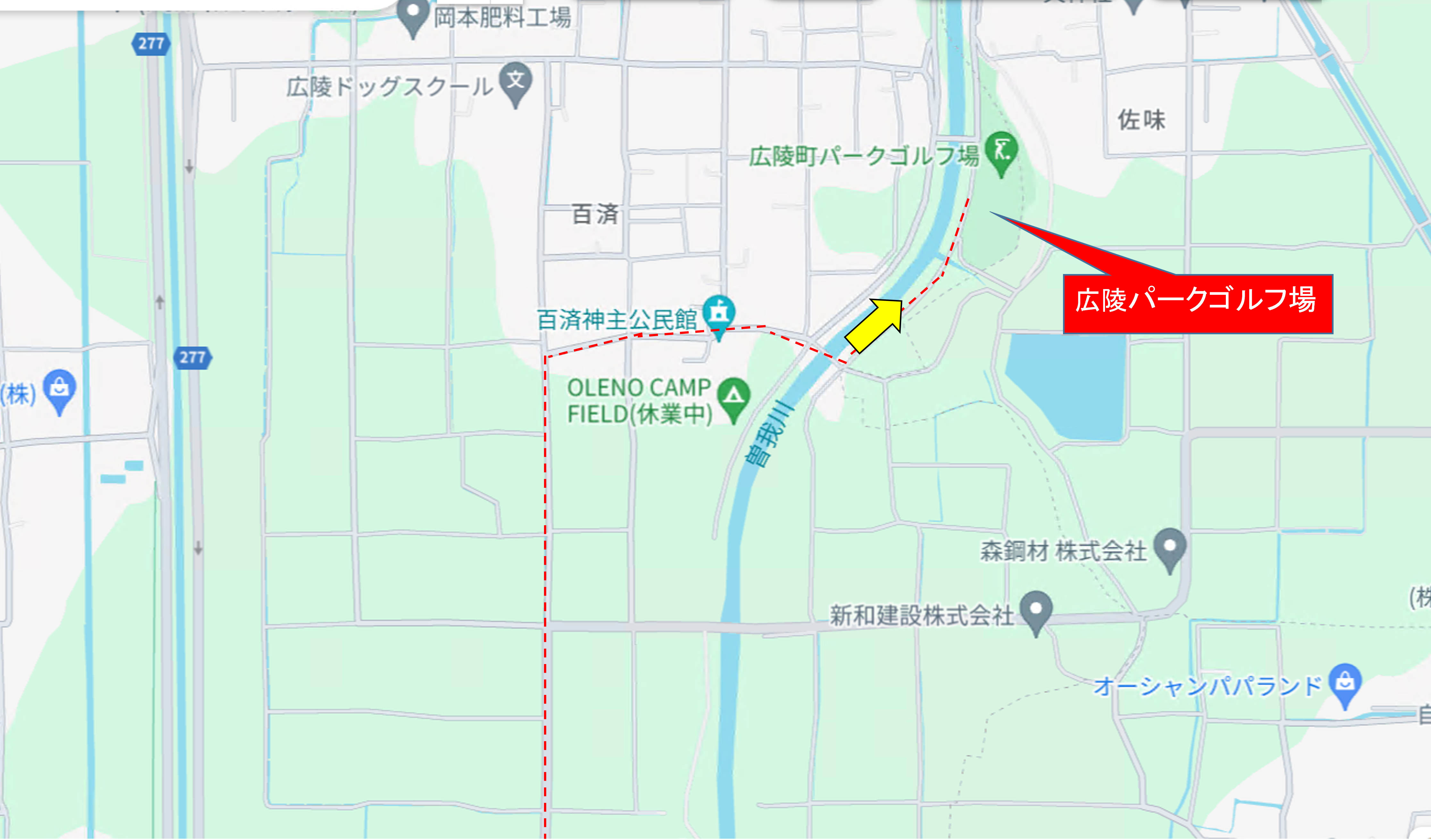 橋を渡り直進している地図